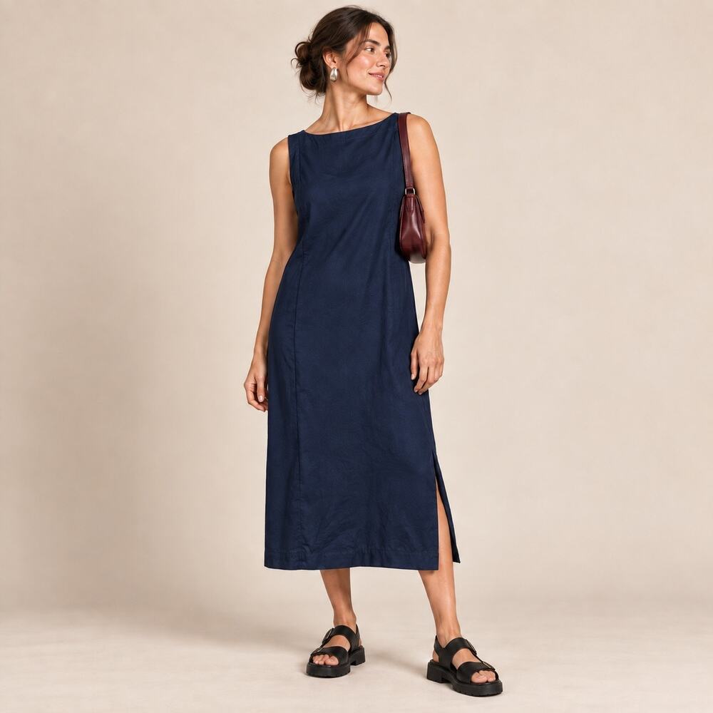Vintage Dennis Goldsmith Navy Rayon Midi Shift Dress Size 10